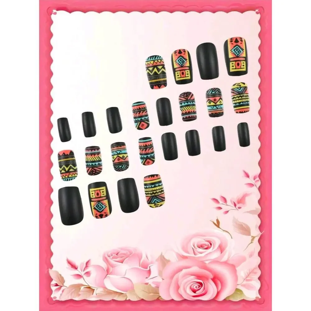 24Pcs Medium-Long Geometric Pattern Matte Designer Press-on Nails Square NEW
